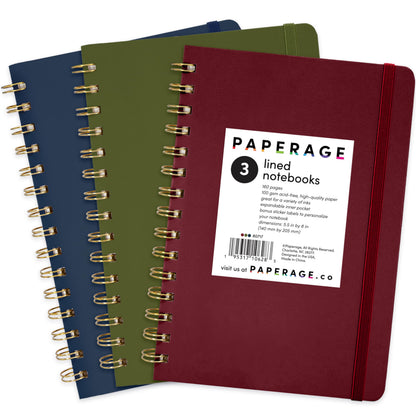 PAPERAGE Lined Spiral Journal Notebook, (Burgundy, Navy, Olive Green), 3 Pack, 160 Pages, Medium 5.5 inches x 8 inches - 100 GSM Thick Paper, Hardcover, Double-Wire Spiral Journal & Notebook