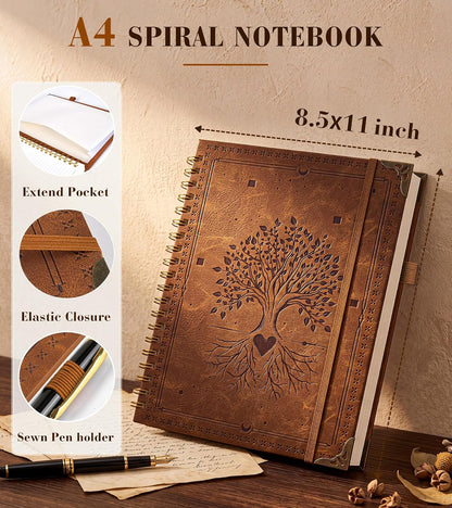 dilitego Leather Spiral Notebook Journal 8.5 x 11, Large A4 Hardcover Spiral Notebooks College Ruled, 100 GSM Thick Journals for Writing, 200 Pages Lined Vintage Journal for Women Men, Brown