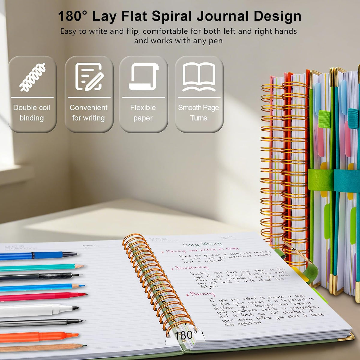 Hardcover Spiral Notebook College Ruled, 6.2"x 8.2" Leather Journal Notebook with Magnetic Closure, 300 Pages 5 Subject Notebook with Dividers Tabs Journal for Women Men, Work, School(Sage Green)