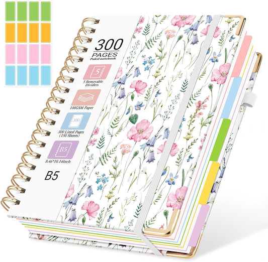 Hardcover Spiral Notebook, 5 Subject Notebook College Ruled 300 Pages