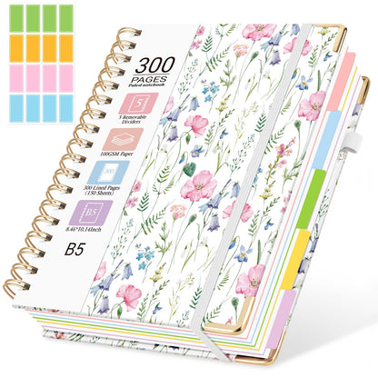 Hardcover Spiral Notebook, 5 Subject Notebook College Ruled 300 Pages