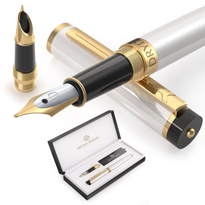Dryden Designs Fountain Pen - Medium Nib and Fine Nib | Includes Luxury Box, 6 Ink Cartridges - 3 Black 3 Blue and Ink Refill Converter - Mysterious Blue