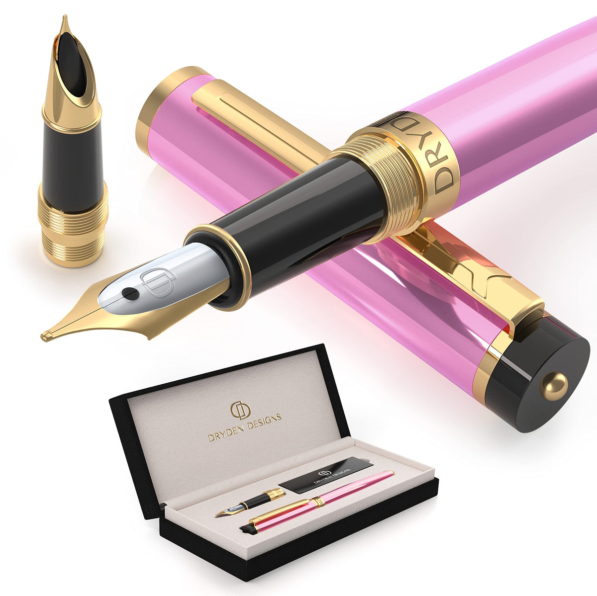 Dryden Designs Fountain Pen - Medium Nib and Fine Nib | Includes Luxury Box, 6 Ink Cartridges - 3 Black 3 Blue and Ink Refill Converter - Mysterious Blue