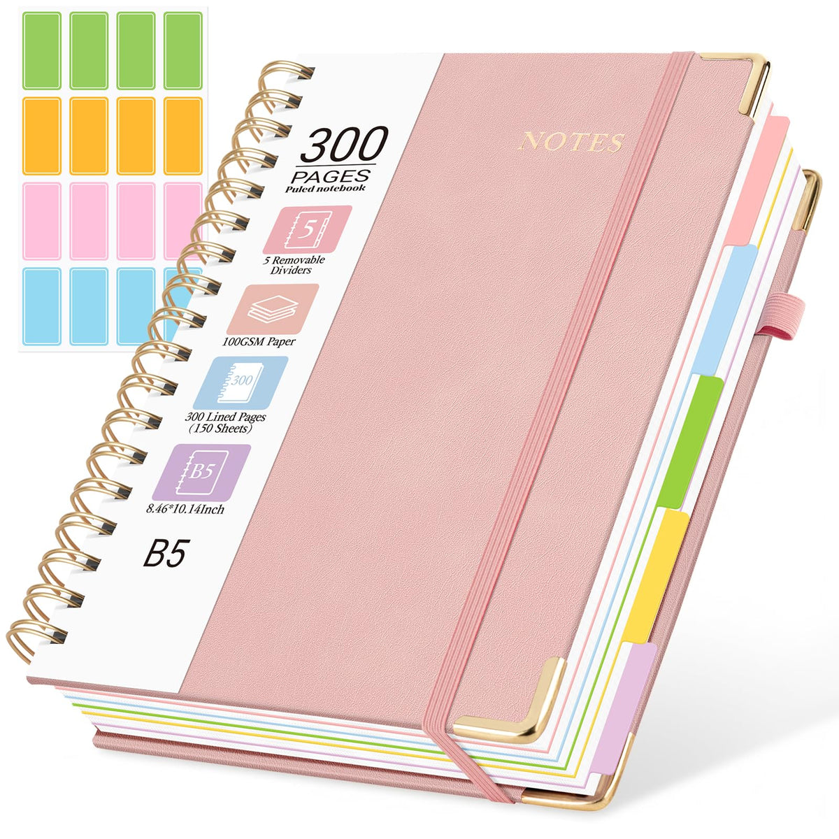 Hardcover Spiral Notebook, 5 Subject Notebook College Ruled 300 Pages