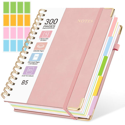 Hardcover Spiral Notebook, 5 Subject Notebook College Ruled 300 Pages