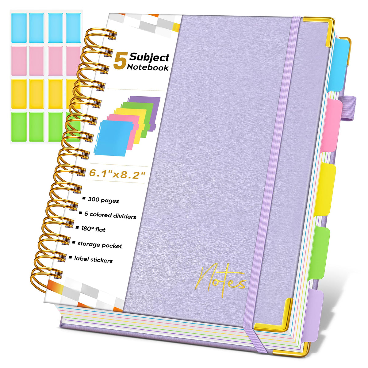 Spiral Notebook Journal with Removable Dividers Tabs, 300 Pages Hardcover Leather 5 Subject College Ruled Notebook, 8"x10" Large B5 Lined Journal for Women Men, Spiral Notebooks for Work School,Purple