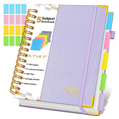 Spiral Notebook Journal with Removable Dividers Tabs, 300 Pages Hardcover Leather 5 Subject College Ruled Notebook, 8"x10" Large B5 Lined Journal for Women Men, Spiral Notebooks for Work School,Purple