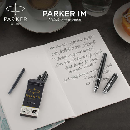 Parker IM Fountain Pen, Black Lacquer with Gold Trim, Fine Nib - Includes Blue Ink Refill and Elegant Gift Box