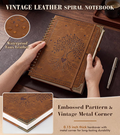 dilitego Leather Spiral Notebook Journal 8.5 x 11, Large A4 Hardcover Spiral Notebooks College Ruled, 100 GSM Thick Journals for Writing, 200 Pages Lined Vintage Journal for Women Men, Brown
