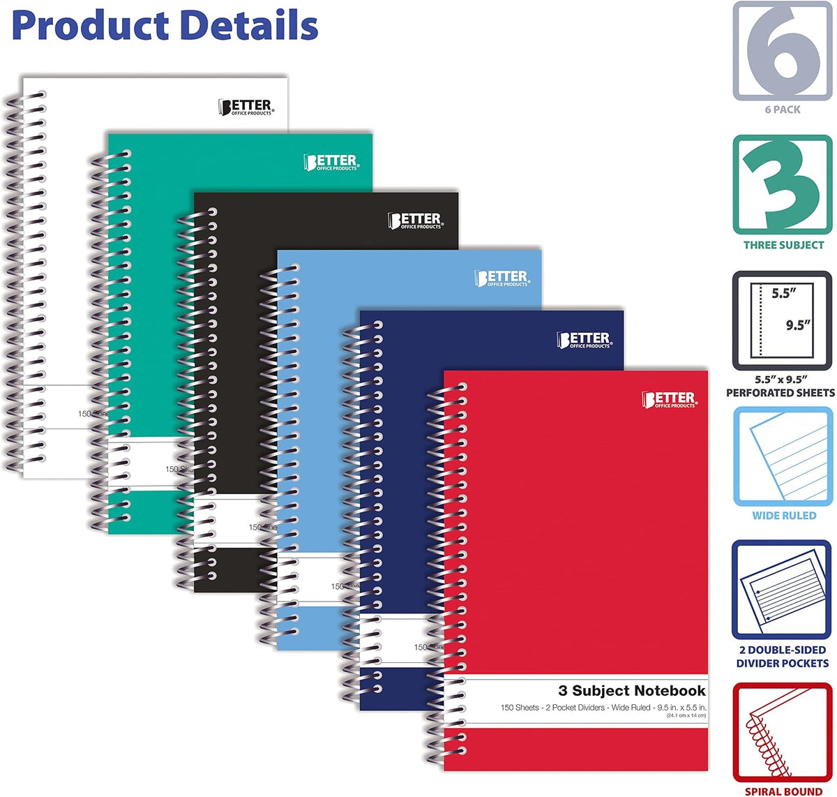Better Office Products 3 Subject Spiral Notebooks, 9.5 x 5.5 inch, 6 Pack, 150 Sheet Notebook with 2 Double-Sided Pocket Dividers, Assorted Solid Color Covers (Wide Ruled)
