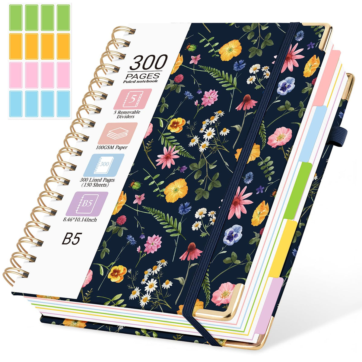 Hardcover Spiral Notebook, 5 Subject Notebook College Ruled 300 Pages