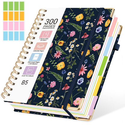 Hardcover Spiral Notebook, 5 Subject Notebook College Ruled 300 Pages