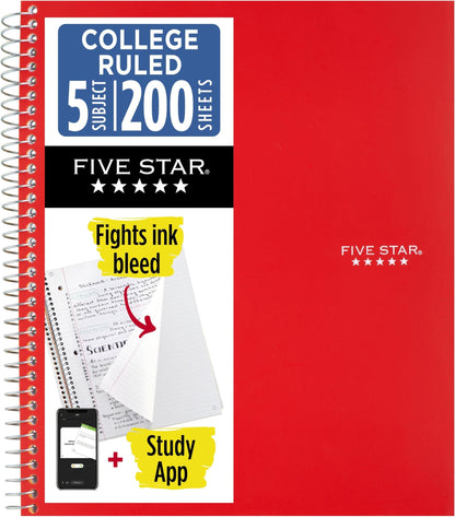 Five Star Spiral Notebook + Study App, 5 Subject, College Ruled Paper, 8-1/2" x 11", 200 Sheets, Fights Ink Bleed, Water Resistant Cover, Prom Pink (820004R)