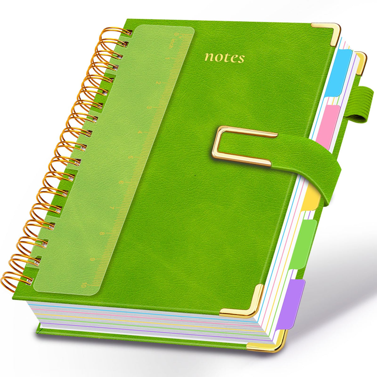 Hardcover Spiral Notebook College Ruled, 6.2"x 8.2" Leather Journal Notebook with Magnetic Closure, 300 Pages 5 Subject Notebook with Dividers Tabs Journal for Women Men, Work, School(Sage Green)