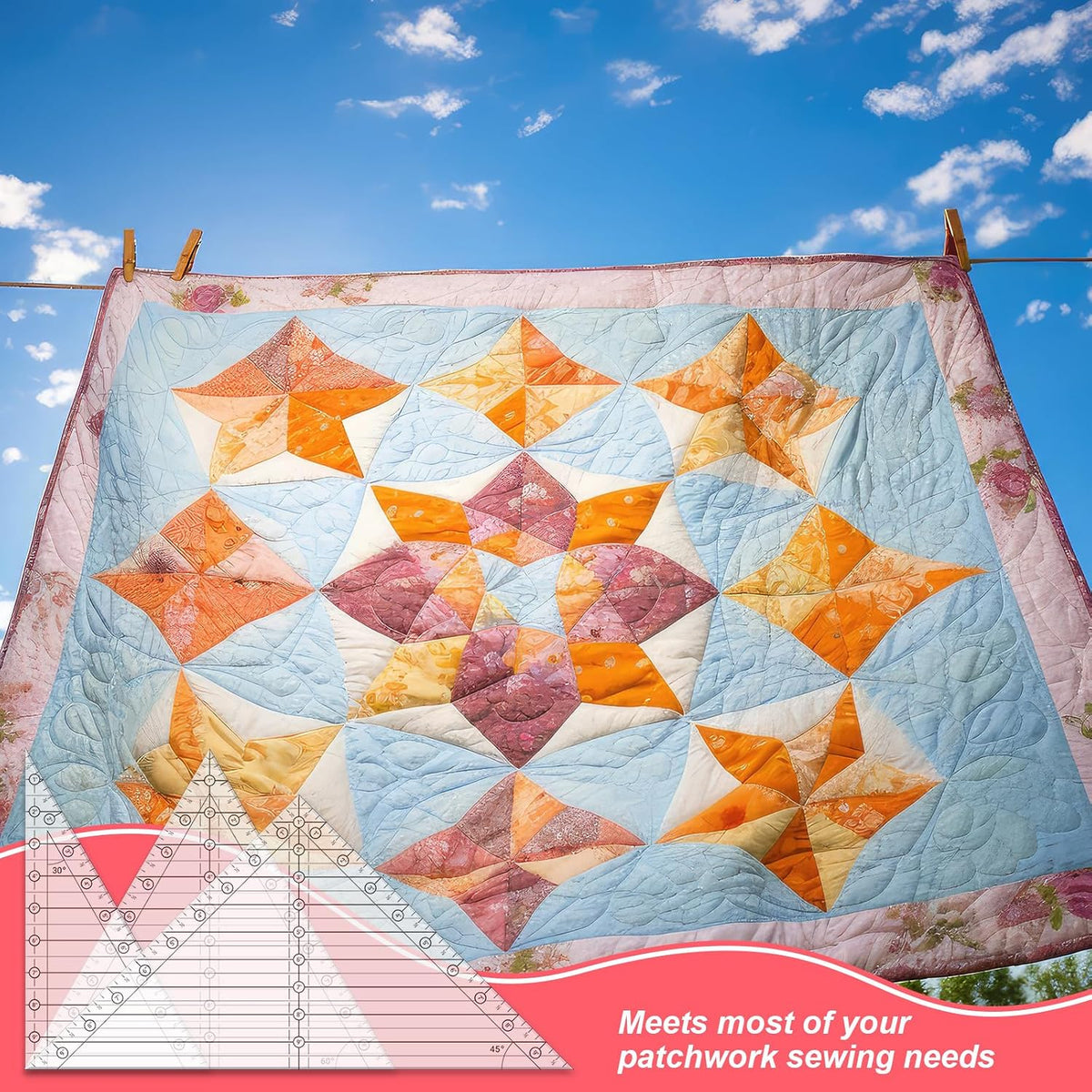 Watersay 3 Pcs 45°/30°/60° Angles Triangle Quilting Ruler 10 Inch Acrylic