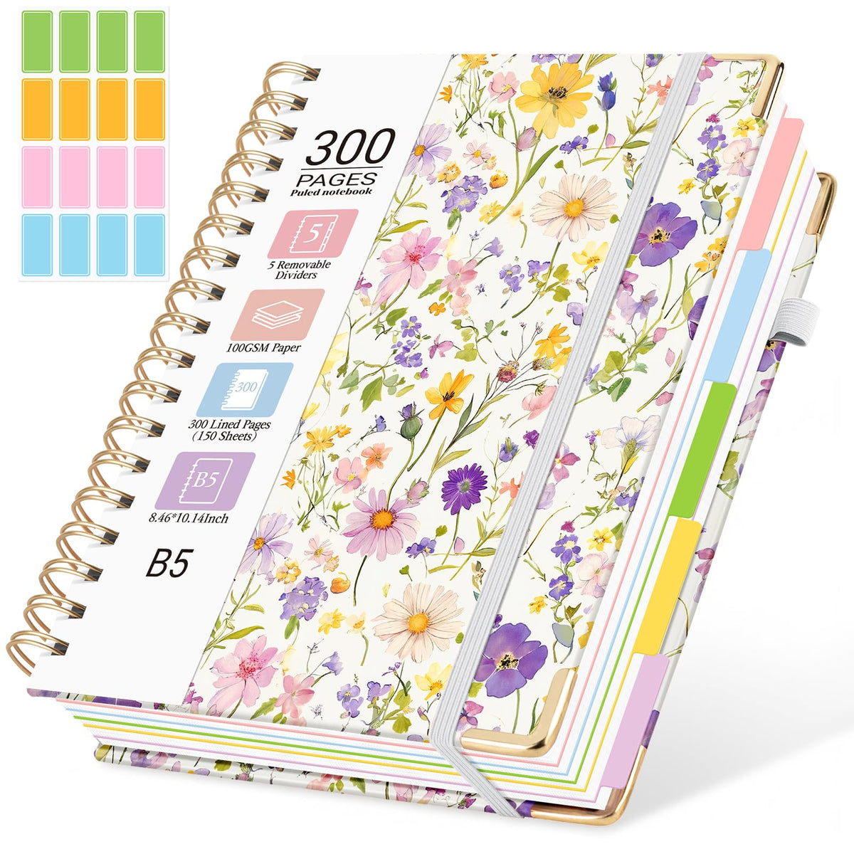 Hardcover Spiral Notebook, 5 Subject Notebook College Ruled 300 Pages