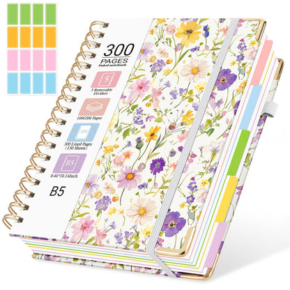 Hardcover Spiral Notebook, 5 Subject Notebook College Ruled 300 Pages