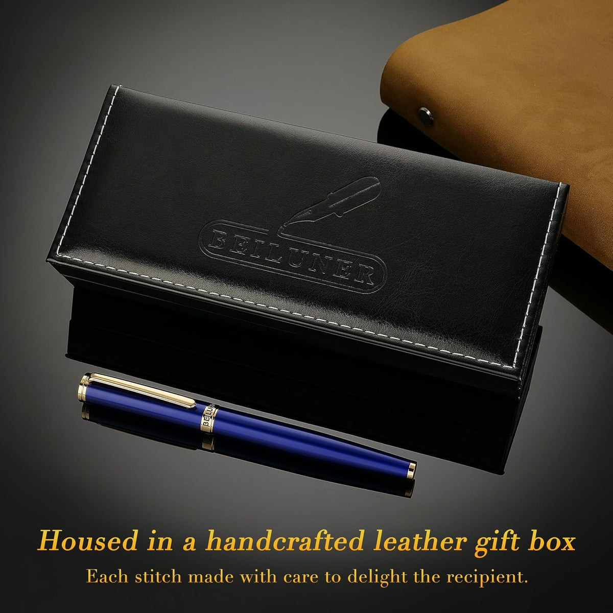 BEILUNER Blue Fountain Pen, 24K Gold Accents,24K Gilded Nib(Medium)