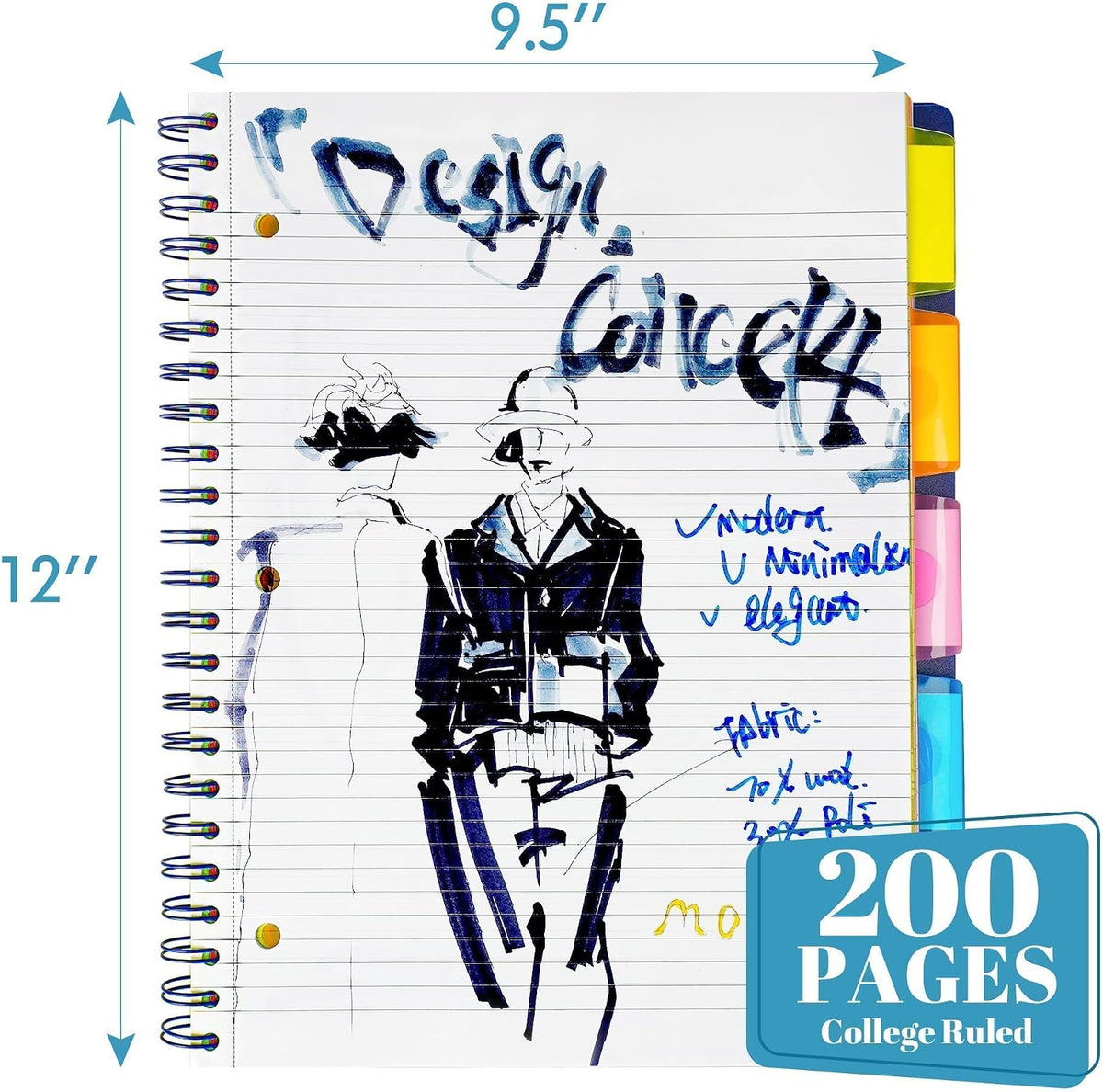 Spiral Notebook - 5 Subject Notebook, College Ruled Notebook 3-Hole Punched With Dividers, Storage Pockets, 11" Ruler, 200 Pages, for Writing Journal, Home &Office, School Supplies（Black）