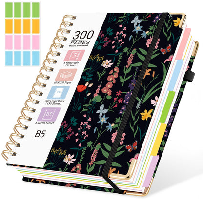 Hardcover Spiral Notebook, 5 Subject Notebook College Ruled 300 Pages