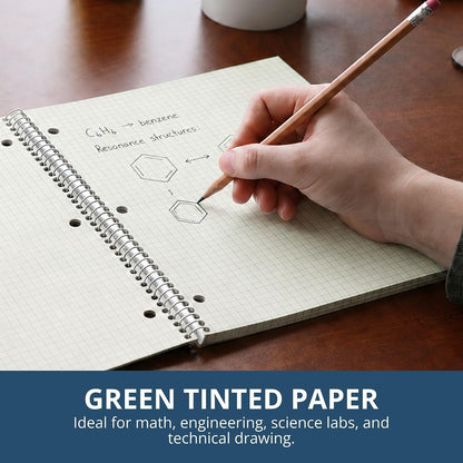 ROARING SPRING Graph Paper Notebook, Spiral Lab Notebook, 3 Pack, Green Tinted Paper, 80 Sheets, 11" x 8.5", Quad Ruled 5x5 Grid, Made in USA, Ideal for Math, Engineering & Science