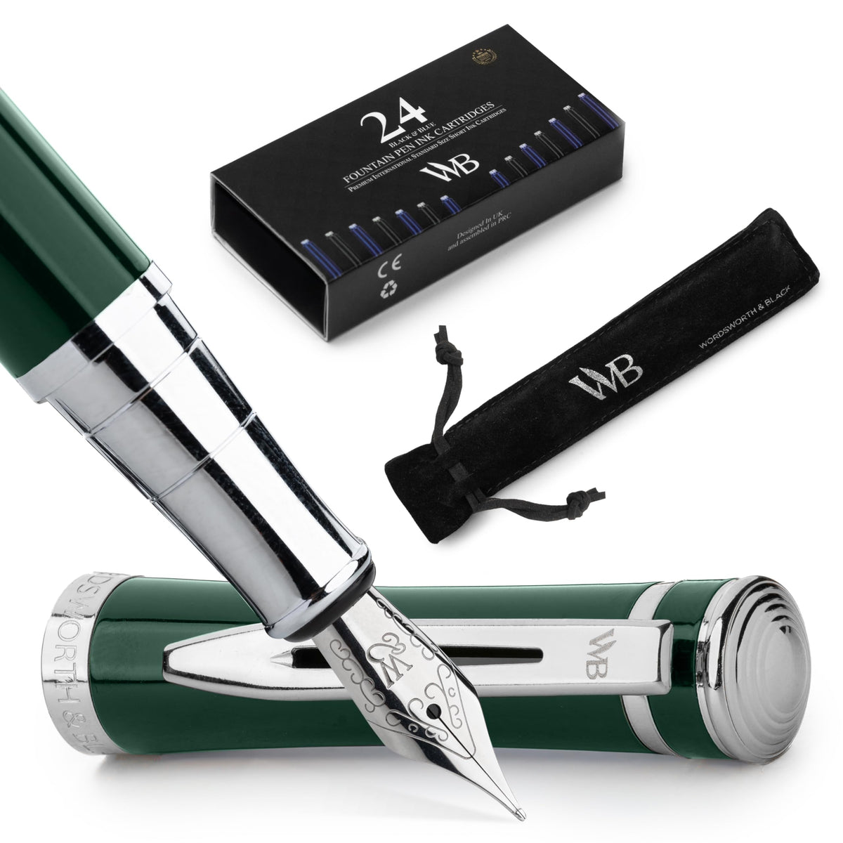 Wordsworth & Black Fountain Pen Set for Writing, Extra Fine Nib, Silver