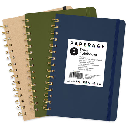 PAPERAGE Lined Spiral Journal Notebook, (Burgundy, Navy, Olive Green), 3 Pack, 160 Pages, Medium 5.5 inches x 8 inches - 100 GSM Thick Paper, Hardcover, Double-Wire Spiral Journal & Notebook