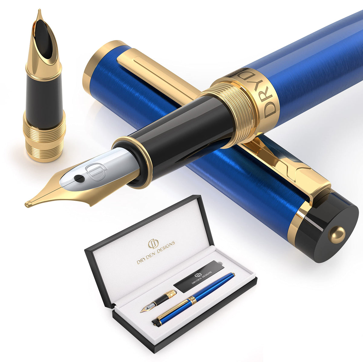 Dryden Designs Fountain Pen - Medium Nib and Fine Nib | Includes Luxury Box, 6 Ink Cartridges - 3 Black 3 Blue and Ink Refill Converter - Mysterious Blue