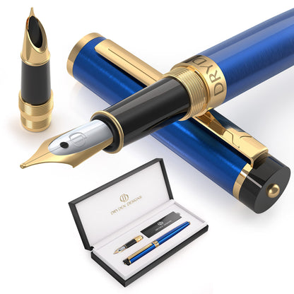 Dryden Designs Fountain Pen - Medium Nib and Fine Nib | Includes Luxury Box, 6 Ink Cartridges - 3 Black 3 Blue and Ink Refill Converter - Mysterious Blue