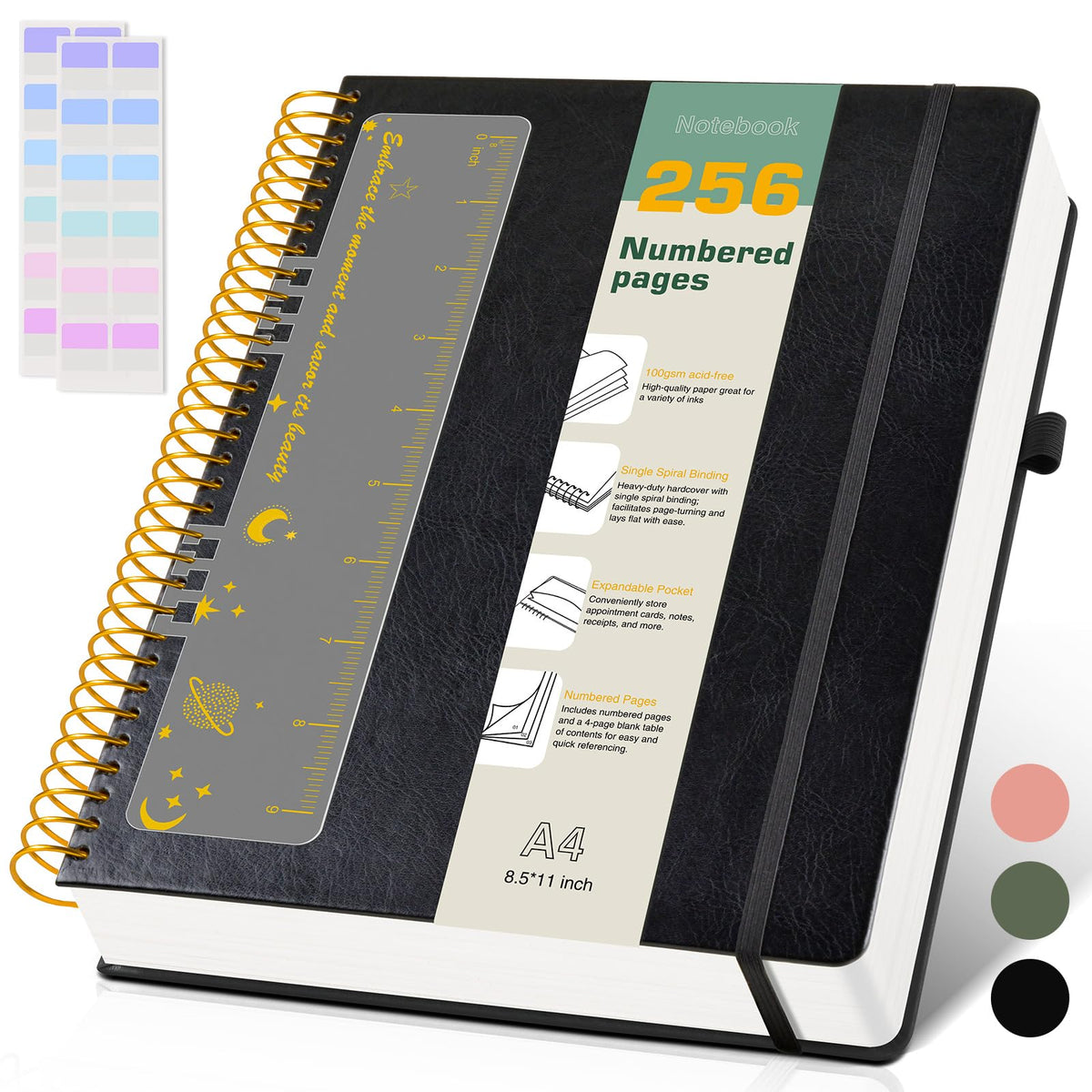 A4 Spiral Notebook Journal 8.5” x 11”, 256 Numbered Pages Hardcover Leather Journals for Women Men, Large Lined College Ruled Notebooks, 100GSM Thick Paper, Spiral Bound Journal for Work School, Green
