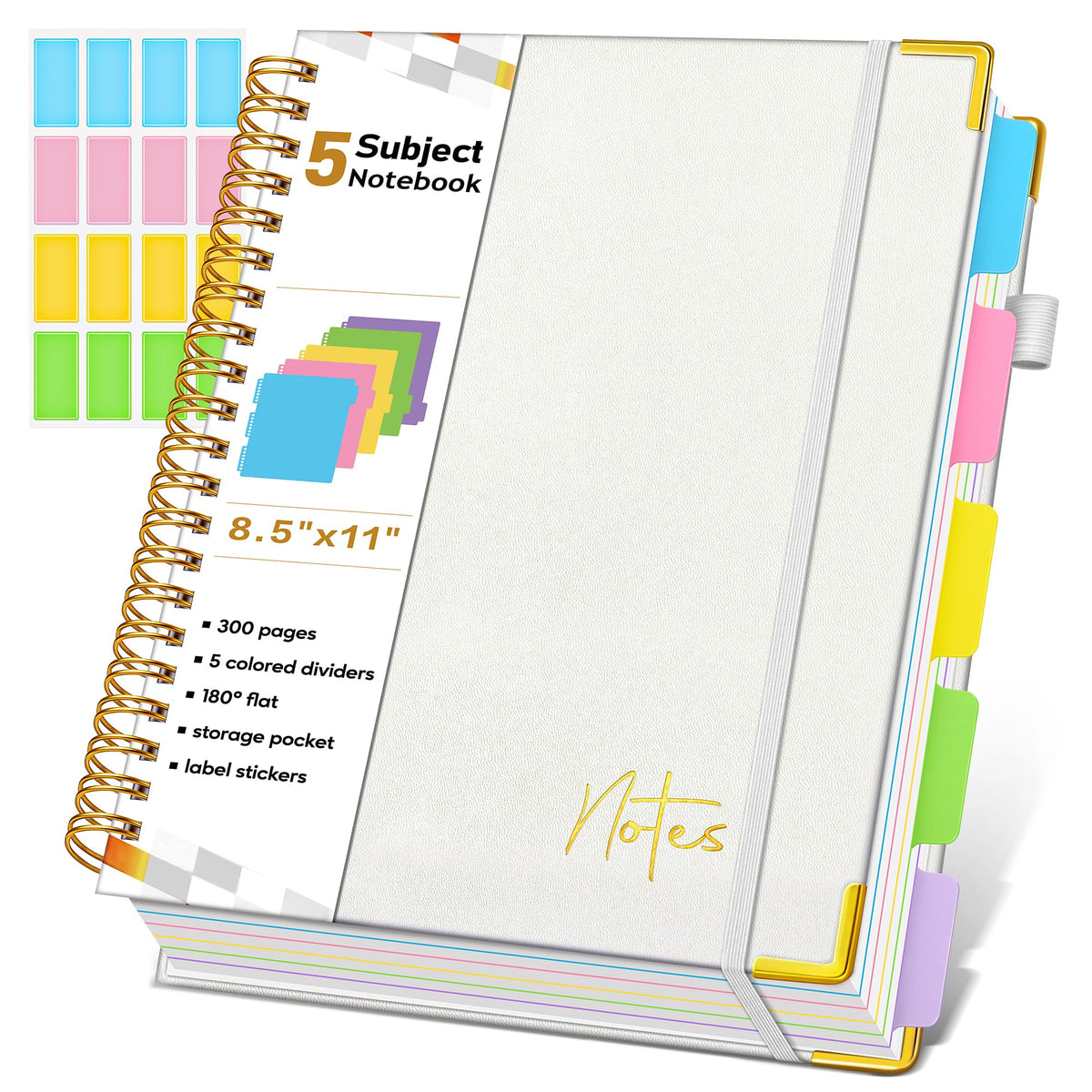Spiral Notebook Journal with Removable Dividers Tabs, 300 Pages Hardcover Leather 5 Subject College Ruled Notebook, 8"x10" Large B5 Lined Journal for Women Men, Spiral Notebooks for Work School,Purple