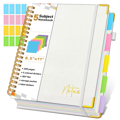 Spiral Notebook Journal with Removable Dividers Tabs, 300 Pages Hardcover Leather 5 Subject College Ruled Notebook, 8"x10" Large B5 Lined Journal for Women Men, Spiral Notebooks for Work School,Purple
