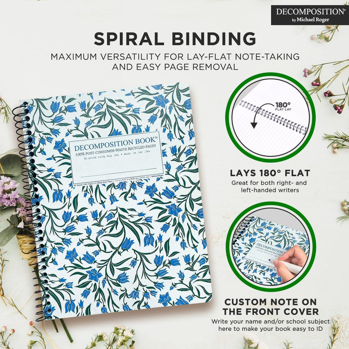 Decomposition Bluebells College Ruled Spiral Notebooks – 9.75 x 7.5 Journal with 160 Lined Pages – Notebooks for School Supplies, Home & Office – 100% Recycled Paper – Made in USA