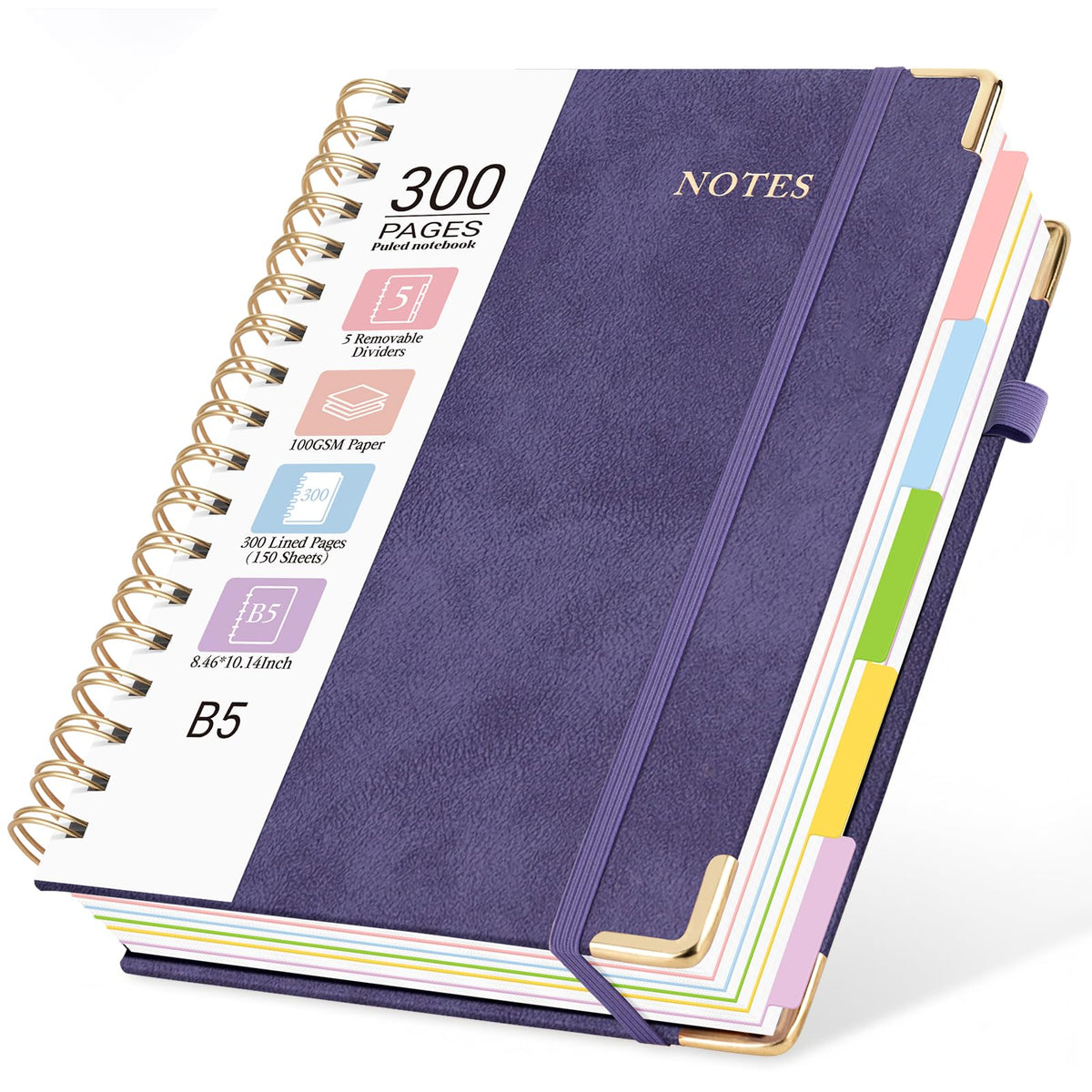 Hardcover Spiral Notebook, 5 Subject Notebook College Ruled 300 Pages