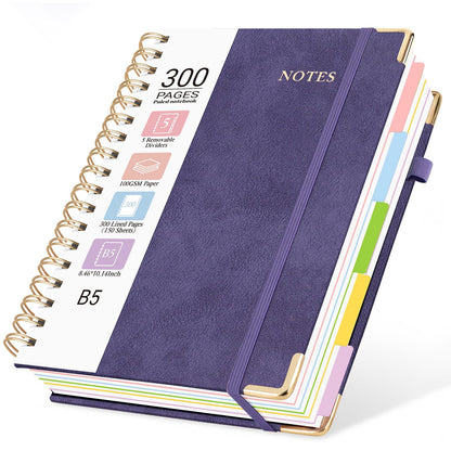 Hardcover Spiral Notebook, 5 Subject Notebook College Ruled 300 Pages