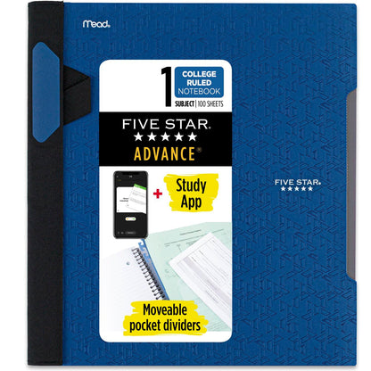 Five Star Advance Spiral Notebooks + Study App, 2 Pack, 1 Subject, College Ruled Paper, 11" x 8-1/2", 100 Sheets, With Spiral Guard and Movable Dividers, Black, Pacific Blue (820112)