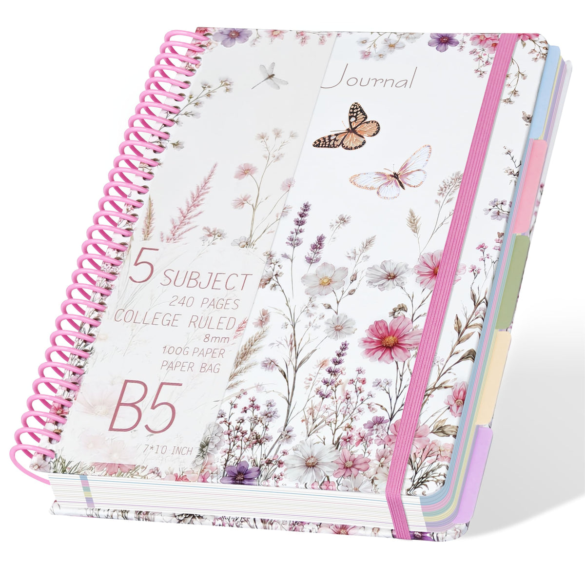 5 Subject Notebook College Ruled,B5 Spiral Lined Notebook with Dividers,240 Pages 100GSM Thick Spiral Writing Journal for Women,B5 Notebooks for School Office,7"*10",Purple