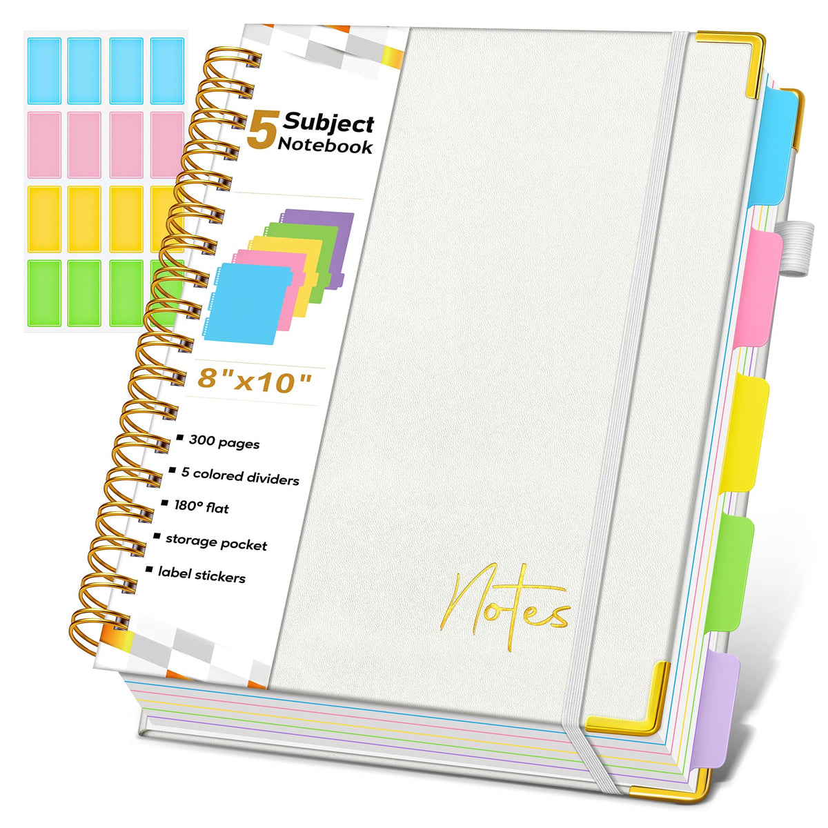 Spiral Notebook Journal with Removable Dividers Tabs, 300 Pages Hardcover Leather 5 Subject College Ruled Notebook, 8"x10" Large B5 Lined Journal for Women Men, Spiral Notebooks for Work School,Purple
