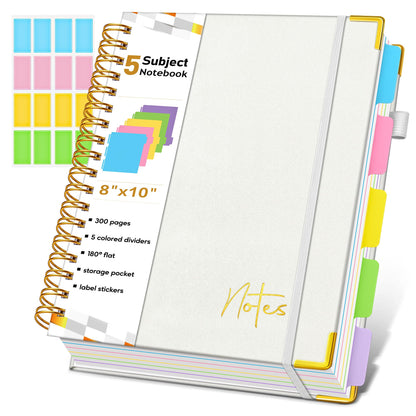 Spiral Notebook Journal with Removable Dividers Tabs, 300 Pages Hardcover Leather 5 Subject College Ruled Notebook, 8"x10" Large B5 Lined Journal for Women Men, Spiral Notebooks for Work School,Purple