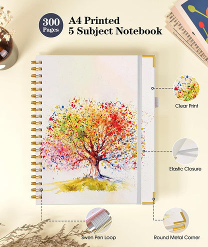 Large Spiral Notebook Journal 8.5"x11" with Divider Tabs, 300 Pages 5 Subject Notebooks for Work School, Cute Lined Journal for Women, A4 Hardcover Spiral Notebook College Ruled，ColorfulTreeofLife
