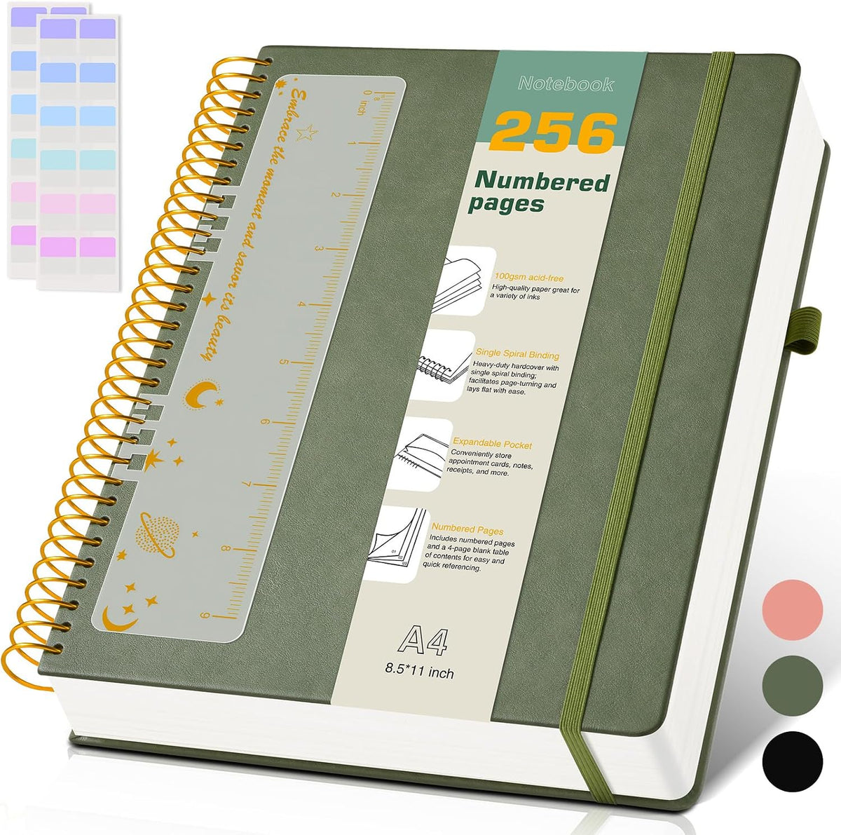 A4 Spiral Notebook Journal 8.5” x 11”, 256 Numbered Pages Hardcover Leather Journals for Women Men, Large Lined College Ruled Notebooks, 100GSM Thick Paper, Spiral Bound Journal for Work School, Green