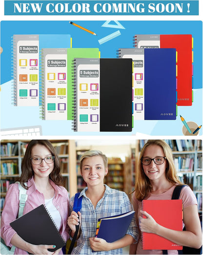 Spiral Notebook - 5 Subject Notebook, College Ruled Notebook 3-Hole Punched With Dividers, Storage Pockets, 11" Ruler, 200 Pages, for Writing Journal, Home &Office, School Supplies（Black）