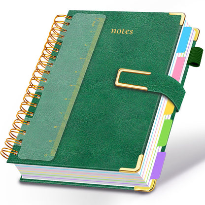 Hardcover Spiral Notebook College Ruled, 6.2"x 8.2" Leather Journal Notebook with Magnetic Closure, 300 Pages 5 Subject Notebook with Dividers Tabs Journal for Women Men, Work, School(Sage Green)