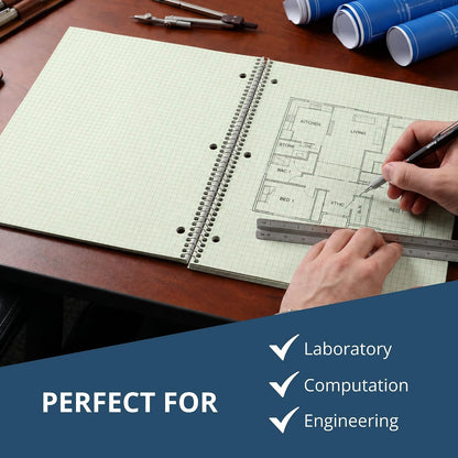 ROARING SPRING Graph Paper Notebook, Spiral Lab Notebook, 3 Pack, Green Tinted Paper, 80 Sheets, 11" x 8.5", Quad Ruled 5x5 Grid, Made in USA, Ideal for Math, Engineering & Science