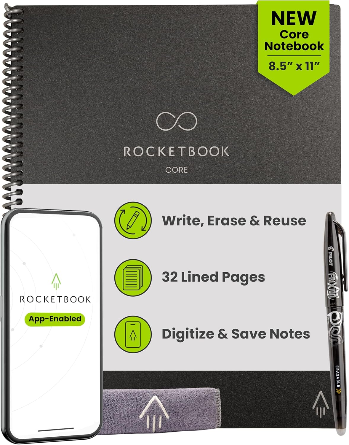 Rocketbook Core Reusable Smart Notebook, Letter Size 8.5x11, Black