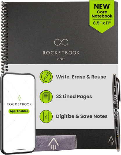 Rocketbook Core Reusable Smart Notebook, Letter Size 8.5x11, Black