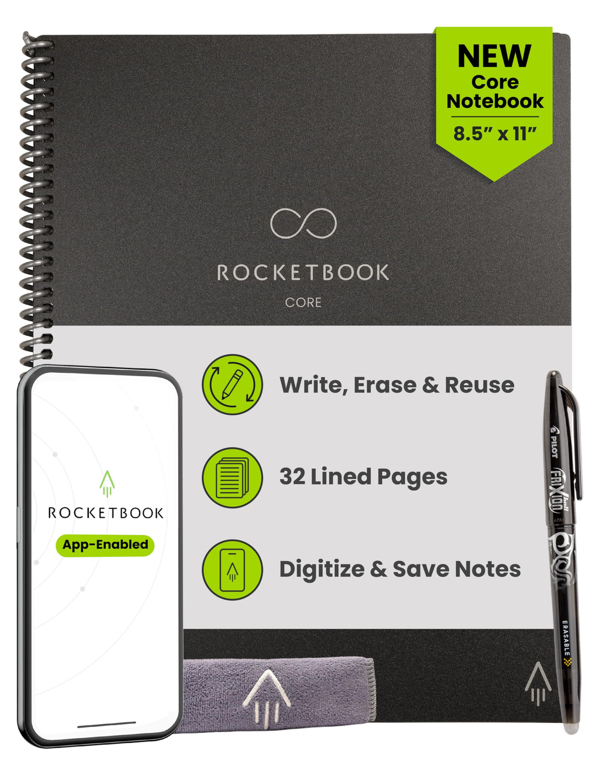 Rocketbook Core Reusable Smart Notebook, Letter Size 8.5x11, Black
