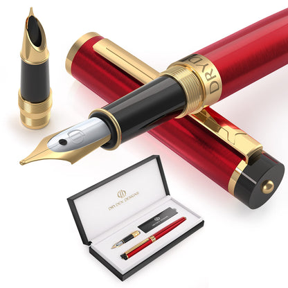 Dryden Designs Fountain Pen - Medium Nib and Fine Nib | Includes Luxury Box, 6 Ink Cartridges - 3 Black 3 Blue and Ink Refill Converter - Mysterious Blue