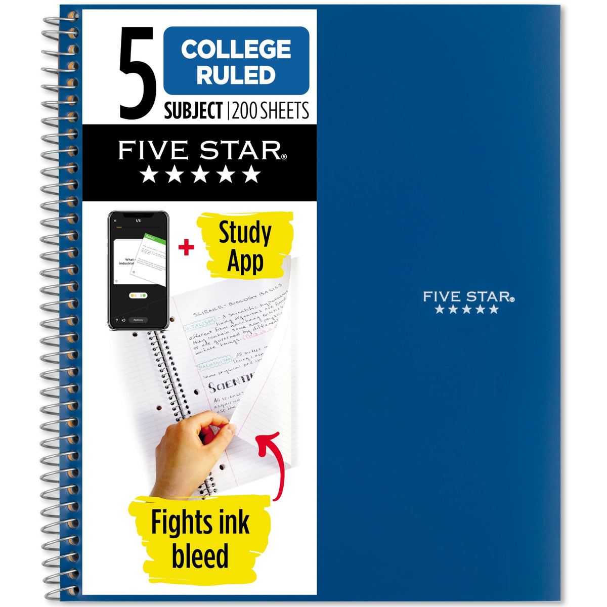 Five Star Spiral Notebook + Study App, 5 Subject, College Ruled Paper, 8-1/2" x 11", 200 Sheets, Fights Ink Bleed, Water Resistant Cover, Prom Pink (820004R)