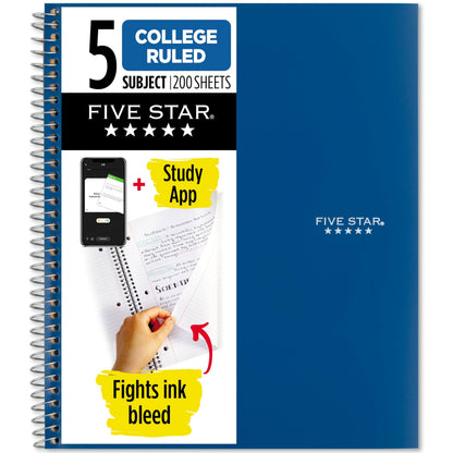 Five Star Spiral Notebook + Study App, 5 Subject, College Ruled Paper, 8-1/2" x 11", 200 Sheets, Fights Ink Bleed, Water Resistant Cover, Prom Pink (820004R)